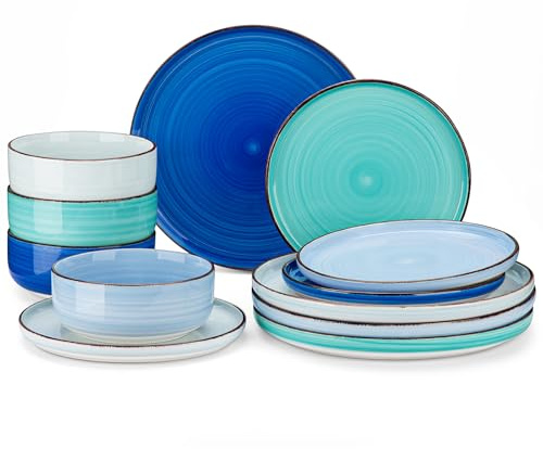 vancasso Bonita Blue Dinnerware Sets, Plates and Bowls Set for 4, 12 Pieces Stoneware Dinnerware Set, Dishwasher and Microwave Safe