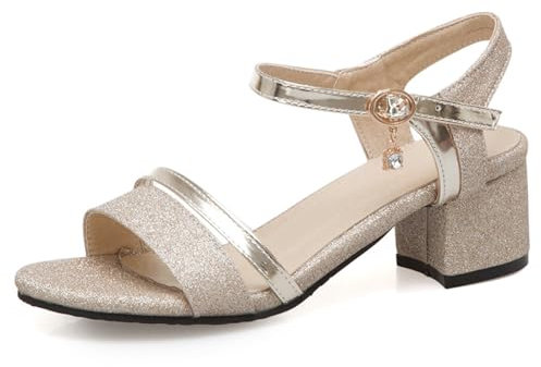 OALEEN Sandales Nu-pieds Femme Eté Confort Talon Carré Paillettes Bride Cheville Chaussures Ouverte Soirée Mariage Dorée 42