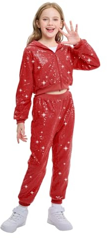 LOLANTA Enfant Costume de Danse Hip Hop à Paillettes Vêtements de Street Dance Ensemble Veste-pantalon, Rouge, 8-9 ans, 140