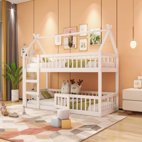 Merax Lit Superposé 90 x 200 cm, Multifonctionnel Lit Superposé Enfant Cabane avec Escaliers, Cadre en Bois Massif, Blanc (sans Matelas)
