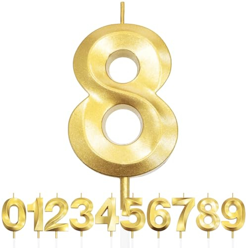 Número 8 Vela de Cumpleaños con Purpurina Dorada y Diseño 3D, Velas con Números, Decoración de Tarta, Vela de Tarta para Fiesta de Cumpleaños, Aniversario de Boda, Decoración de Fiesta