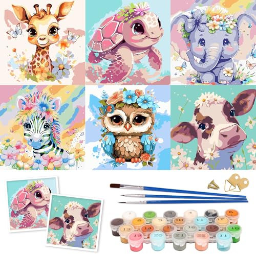 LAISLLA Malen nach Zahlen Kinder Tiere ab 5 6 7 8 9 Jahre Mädchen und Jungen, 6 Stück Tier Paint by Numbers Erwachsene und Kinder mit Pinseln Acryl-Pigmentmalerei Zeichnung ohne Rahmen 20x20cm
