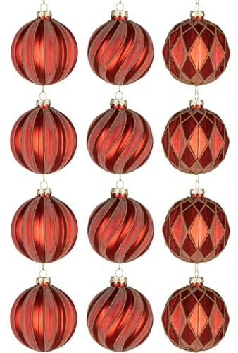 12Pcs/80mm Glass Baubles Christmas Tree Balls Spheres Hanging Ornaments Set Assorted Designs Xmas Tree Decorations, Red