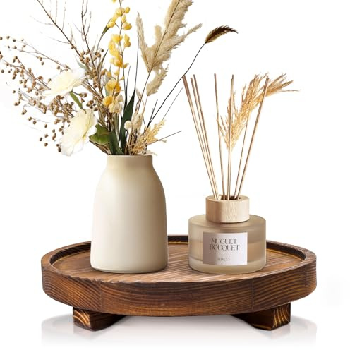 DEBETOOL Round Wooden Decorative Tray - Rustic Wood Soap Tray for Kitchen and Bathroom Counter Organizer, Farmhouse Kitchen Decor Wooden Riser for Soap Dish, Perfume, Candle, Potted