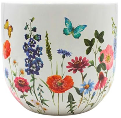 Dekohelden24 Blumentopf, Pflanztopf, Pflanzschale, Blumenkübel, Pflanzgefäß, Übertopf aus Keramik, Motiv Blumenwiese, Maße: L/B/H 17 x 16 x 17 cm.