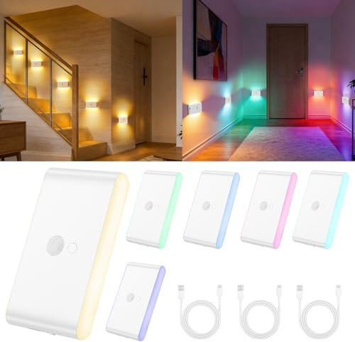 HOTUT Nattlampa med rörelsesensor, 6 st LED USB uppladdningsbart nattljus, bil/på/av RGB färgglada LED-lampor, inbyggd magnet barn för kök, trappor, korridorer