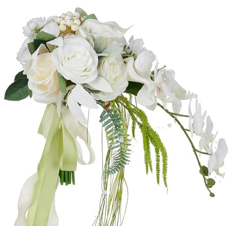 QUEENYARD Bouquet de roses en soie blanche et lys calla en tissu soyeux pour cadeau et décoration