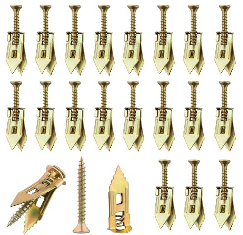Lot de 40 chevilles auto-perceuses et vis pour cloison sèche – Ancrages muraux en acier zingué pour cloison sèche, sans perçage ni trou dans le mur, pour TV, sangles d'étagère, armoires (20 vis et 20