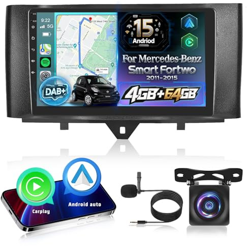 【Dab/Dab+】 Autorradio Android 15 8 Núcleos 4+64GB para Mercedes Benz Smart Fortwo 2011-2015. Pantalla Táctil con Carplay inalámbrico y Android Auto/GPS/WiFi/Bluetooth 5.0/32EQ/Radio FM Am RDS