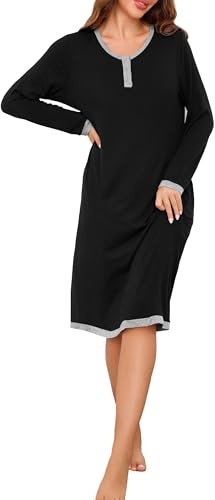 Wikoan Camicia da Notte Donna Invernale da Donna Lunga Camicia da Notte Morbida Scollo Rotondo e Bottoni,Nero,3XL