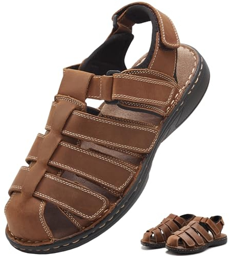 7STROBBS Wide Fit Mens Sandals, Real Leather Walking Sandal for Men, Closed Toe Covered Sports Outdoor Sandals with Adjustable Strap for Hiking, Summer, Holidays, Beach, Boating, Towns