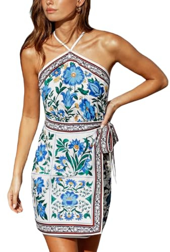 CUPSHE Robe d'été pour femme, motif floral, bohème, dos nu, dos nu, robe portefeuille à smocks pour la plage, les vacances