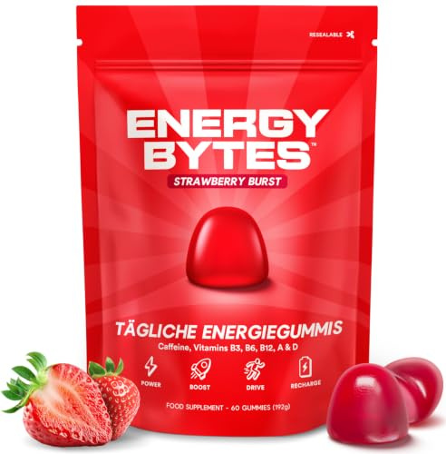Energy Bytes Caffeine Gummies - Fast Acting Energy Focus & Alertness - 60ct | Daily Chews w/ Vitamins B3, B6, B12, A & D