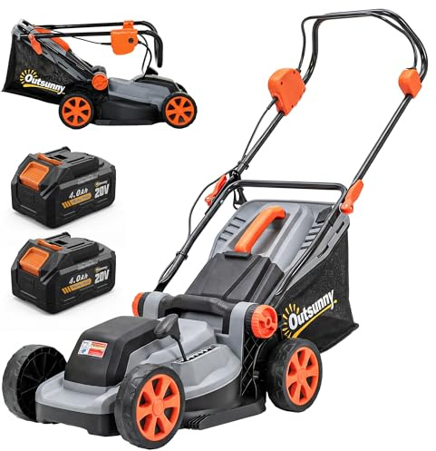 Outsunny Cortacésped a Batería Inalámbrico 18V, 2 Baterías de 4Ah, Ancho de Corte 34 cm hasta 400 m², Función Mulching, Motor sin Escobillas 700 W, Bolsa 35L, 6 Alturas Corte 25-75 mm, Mango Ajustable