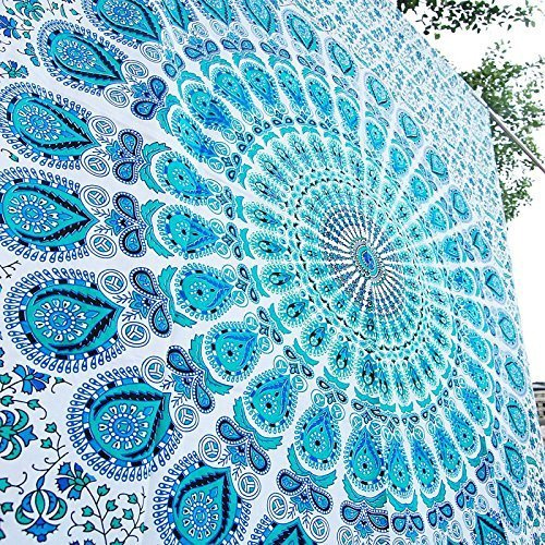 Bless International Indian hippie Bohemian Psychedelic Peacock Mandala Wall hanging Bedding Tapestry (Peacock Sky Blue, 182.88L X 137.16W cm)