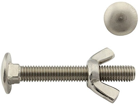 Flachrundschrauben/Schlossschrauben mit Flügelmuttern (kantige Form) - M6x45 - (10 Stück) - Vollgewinde - DIN 603 / DIN 315 - Edelstahl A2 (V2A) - SC603 / SC315