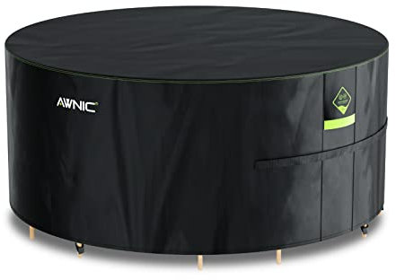 AWNIC Garden Furniture Cover Waterproof with Hooks Heavy Duty 420D Oxford, Windproof Anti-UV Outdoor Patio Table Covers with Air Vent Hot Tub Pool Cover, Round Black (Ø215*71cm)