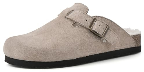 WHITE MOUNTAIN Shoes Bari Leather Footbeds Clog, Taupe/Suede W/Faux Fur, 7 M
