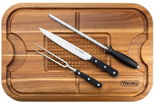 Viking Cutting Board and 3-Piece Carving Set, Oversized Acacia Wood Carving Board with Fork, Knife, and Sharpening Steel, 21.8 x 14.6 Inch