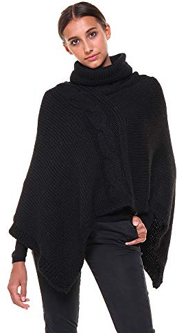FANTASIE TERRENE Poncho Mantella Donna, collo alto, fatto a maglia in filato misto Alpaca di Alta qualità. Made in Italy (Nero)