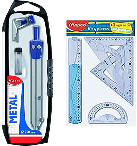 Maped 197512 Pack De Compás, Abrazadera Y Estuche De Minas, Negro, Plata + 227835 Kit Trazado 4+1, Regla De 30 Cm, Cartabón, Escuadra, Transportador Y Regla 20 Cm, Colores Surtidos