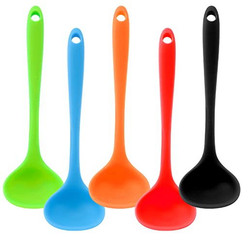 5 Pieces Silicone Ladles for Cooking - Small Soup Ladle Spoon Heat Resistant Kitchen Ladle Spoons, Cooking and Serving Spoon for Soup Sauce Chili Gravy Canning Pouring (5 Colors)