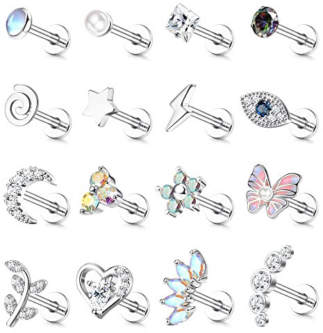 Adramata 16 Pcs 16G Helix Piercing Set - Chirurgenstahl Ohrringe Mit Schmetterling Und Blume - Conch, Knorpel, Tragus Ohrstecker Für Damen - Silber Und Gold