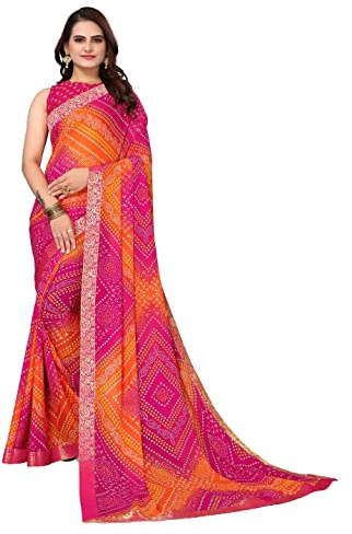 TreegoArt Fashion Sari estampado Georgette Bandhani para mujer con pieza de blusa sin costuras -(VERA PINK)