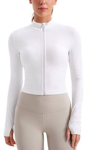 CRZ YOGA Damen Butterluxe Voller Reißverschluss Cropped Jacke Sport Pullover Slim Fit Gym Running Jacken mit Daumenloch Weiss 40