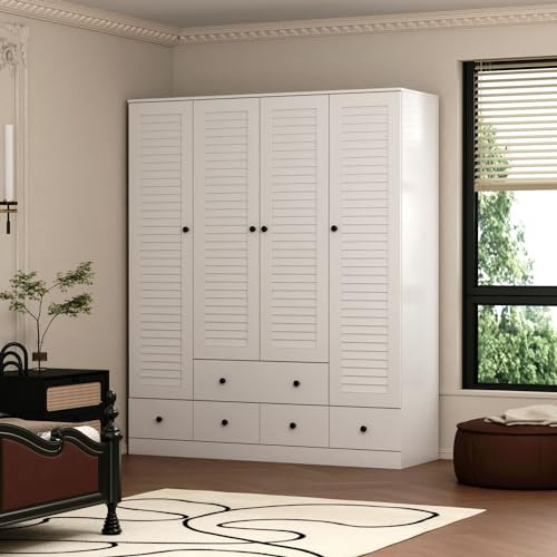 MOUMON Armadio con 4 ante per tapparelle, mensole e cassetti, armadio con 2 aste appendiabiti, per camera da letto, bianco, 150 x 48 x 180 cm