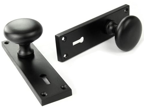 UNDERGROUND PARTS Jones & Grey New York Style Round Door Knobs Handles on a Long Lock Backplate with Keyhole Satin Black