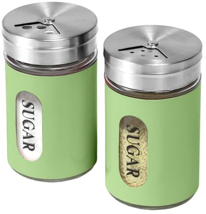 STJKBDFC Sugar Shaker Duster Stainless Steel and Glass Set with Adjustable Pour Holes Cinnamon Shaker For Coffee Bar,set of 2 (Green)