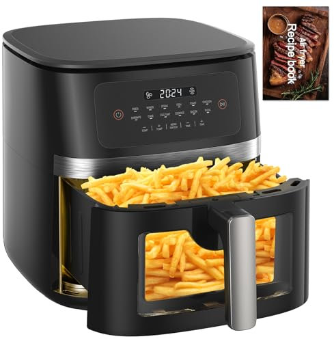 AOSFGE Friteuse sans Huile, Air Fryer Avec Fenêtre Visible, Friteuse à Air Chaud avec LED Écran Tactile, Airfryer avec 12 Programmes, Friteuse Electrique avec Rappel de Shake (8L)