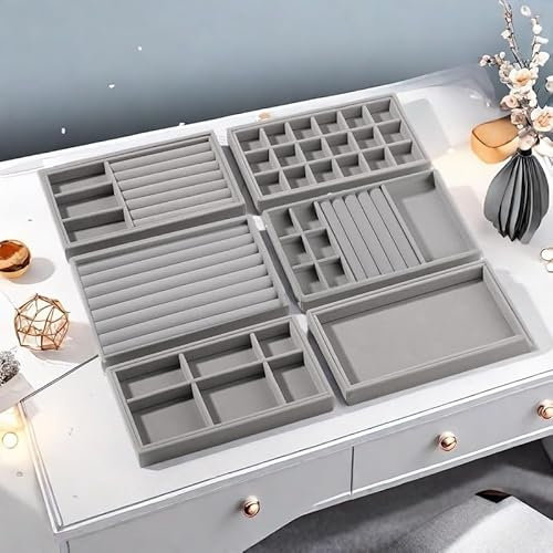 Cnwinu Jewellery Tray 6Pcs,Jewellery Organiser Display,Earring Storage Organiser,Stackers Jewellery Box Organiser,Wardrobe jewelry Storage Drawers,Holds Makeup,Necklace,Bracelet,Jewellery,Ring(Grey)