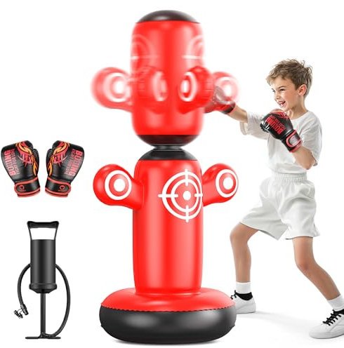 QPAU 360° Drehbarer Boxsack Kinder ab 6-14 Jahre, Stehend 64 Zoll Boxen Kinder mit Handschuhen, Handpumpe & 6 Zielen, Punchingball Aufblasbares Boxspielzeug, Karate Geschenke (Rot)