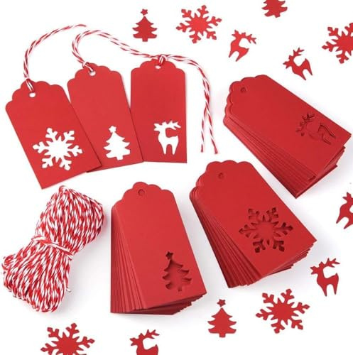 SHSHbuy Etiquetas Regalo Navidad,150 Piezas Etiquetas de Papel de Estraza,Etiquetas Kraft Navidad con 20M Cuerda de Navidad para Decoración de Navidad 9,5x5cm