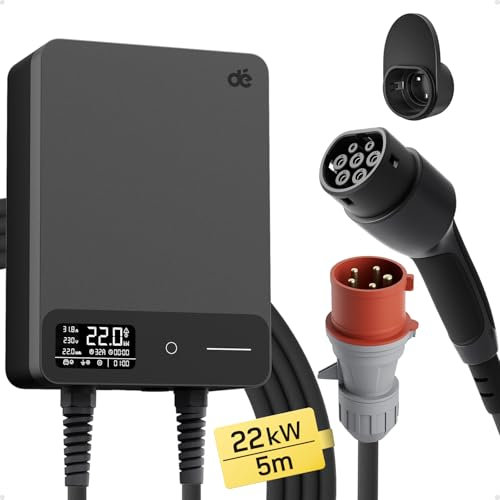 dé Typ 2 Wallbox 22kW mit APP und RFID, 6-32A 3-Phasen EV-Ladegerät 400V mit 5m Ladekabel und Kabelhalter für BEV/PHEV, RCD Typ-B & IP54-Schutz, effiziente Ladestation für Zuhause, schwarz