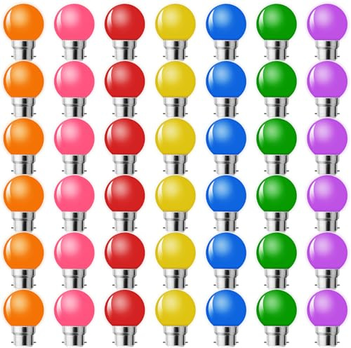 MZYOYO – Lote de 42 bombillas LED color B22 bayoneta, bombilla para exterior, bombillas B22 LED 2W G45, equivalente de 10 W, rojo, amarillo, azul, verde, naranja, rosa, morado, para cadena, Navidad