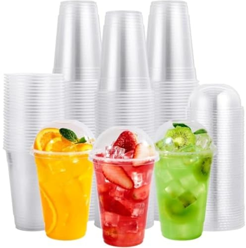 ECONX 200 X Smoothie Cups with Dome Lids 10oz Strong Clear Plastic Cups Reusable for Smoothies, Juice, Milkshakes, Iced Coffee, Slusly, Bubble Tea, Thick Drinks Perfect for Takeaway Restaurants