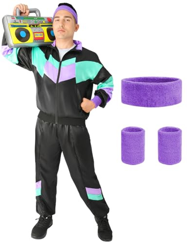 Aomig Déguisement Année 80 Homme Femme, Costume Années 80 Survêtemen-L | Rétro Disco Hippie Survêtement Veste Pantalon Accessoire Bandeau Protège-poignets pour Carnaval Halloween Cosplay-Vert Foncé