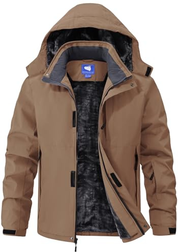 Winter Jackets Coats for Mens Waterproof Fleece Lined Ski Jackets Warm Outdoor Snow Skiing Hiking Parka Jackets Coats with Hoode Brown Medium