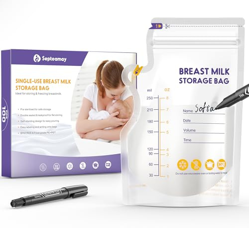 Septeamay 100 Pcs Breast Milk Storage Bag with a Black Marker, 250ml No Leak Milk Storage Bags, Store Flat or Standing, Pre-sterilised, BPA Free Breastmilk Storage Bag with Pour Spout for Freezer