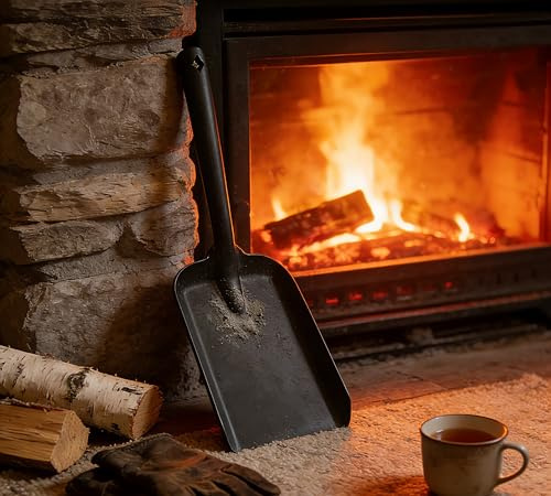 Calidola Grande pala per camino, extra larga per cenere per camino, paletta per carbone in acciaio resistente con lati rialzati, lunghezza 39,5 cm, larghezza 13,5 cm, verniciata a polvere nera