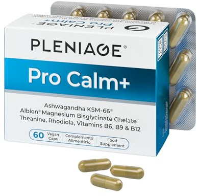 Ashwagandha KSM-66, Magnesio Bisglicinato, L Teanina, Rhodiola Rosea, Vitamina B6, B9, B12, Serenidad y Equilibrio Emocional, Fórmula clean label, Sin EGCG, Fabricado en España | Pleniage Pro Calm+