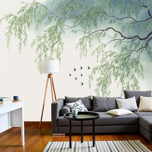 Papier Peint Oiseaux À L'Aquarelle Saule, Papier Peint Panoramique Motif Illustration Chinoise, Fresque Murale 400X280Cm, Décoration Image Murale Vert Sauge Pour Salon Chambre Bureau Tv Artistique