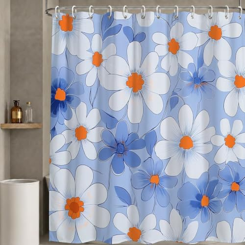 Duschdraperi 150 x 200 cm – blomma – duschdraperier vattentätt textilpolyestertyg – tvättbart snabbtorkande duschdraperier med 12 krokar och vikt nedtill – blå badrumsgardin för badrum W-P427