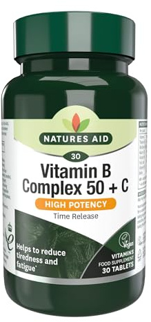 Natures Aid Vitamin B Complex 50 + C – 30 Tablets | High Strength B Vitamins with Vitamin C, Supports Energy, Nervous System & Immunity, Vegan, Gluten-Free, Non-GMO