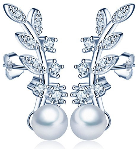 Yumilok 925 Sterling Silber Zirkonia Perlen Blätter Ohrstecker Ohrklemme Ohrringe Ohrschmuck Ear Cuffs für Damen Frauen Mädchen