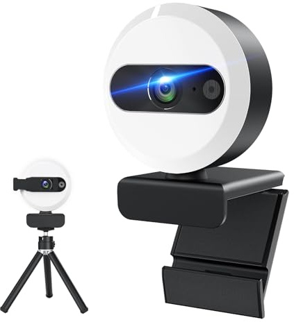 2K webcam pour pc, Caméra de Streaming avec éclairage Circulaire/trépied/Microphone, streamcam 360° Rotation, Protection de la Vie Privée, USB 2.0 Plug&Play, web camera pour ordinateur vidéoconférence
