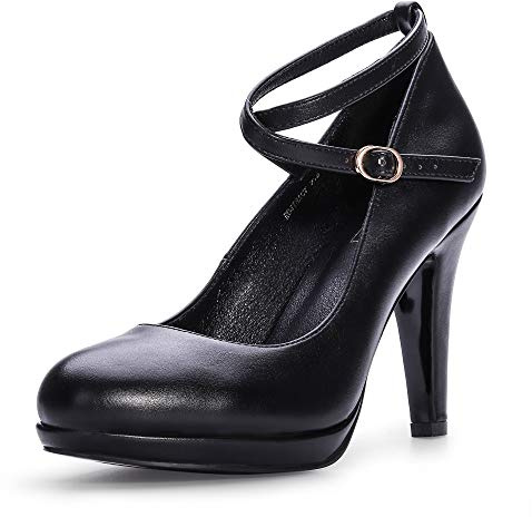 IDIFU Women's Tracy Platform High Heels Closed Toe Pumps Strappy Cross Ankle Strap Shoes for Casual Work Wedding (7 M US, Black Pu)